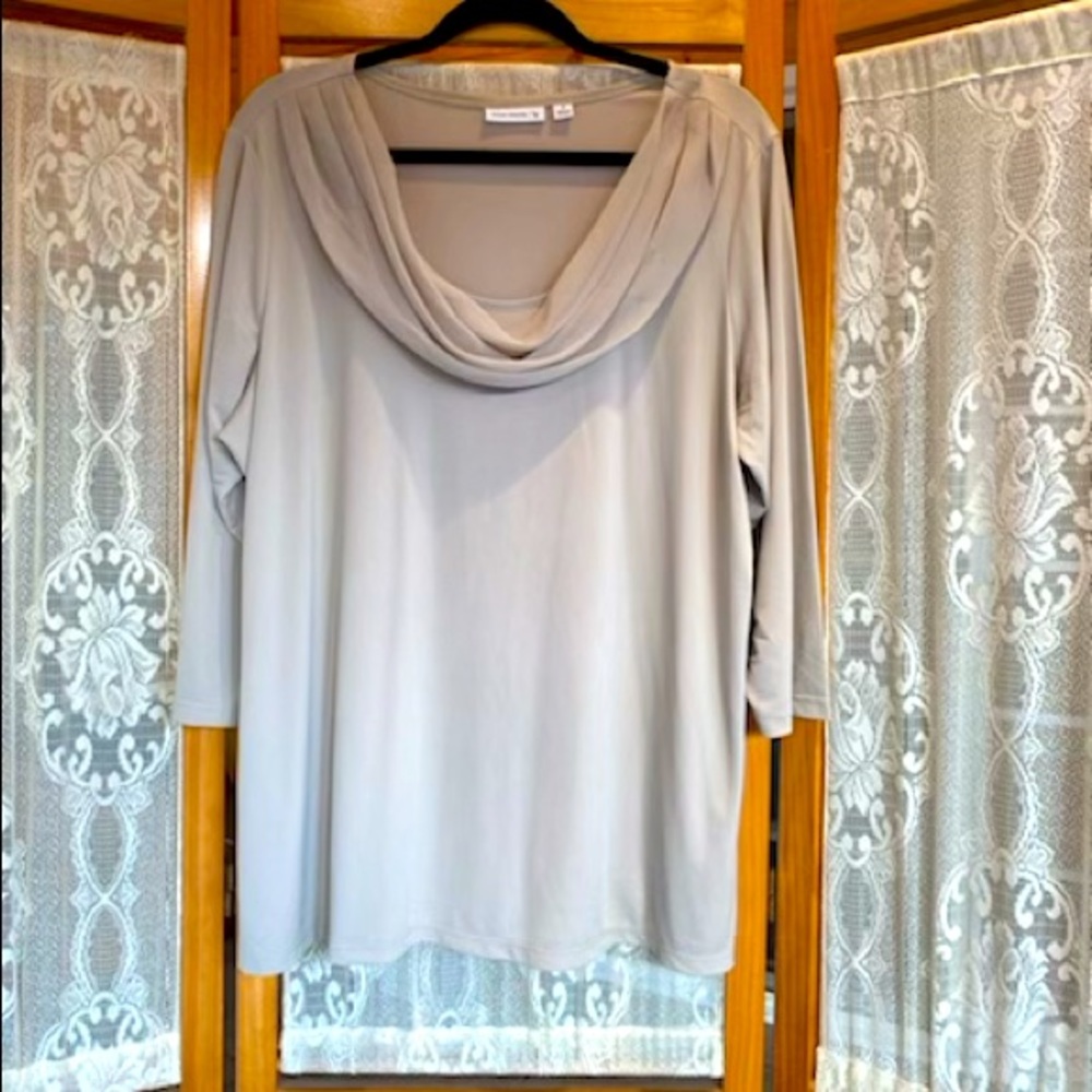 3/4 Sleeve Top with Draped Chiffon Neck